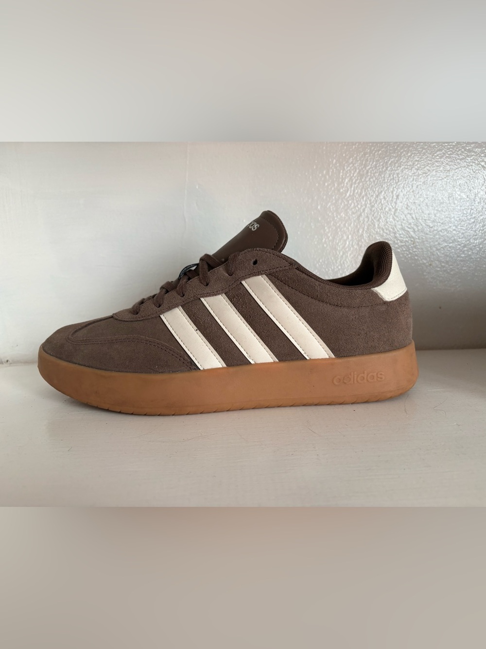 Adidas Brown Suede Sneakers with White Stripes and Gum Sole
